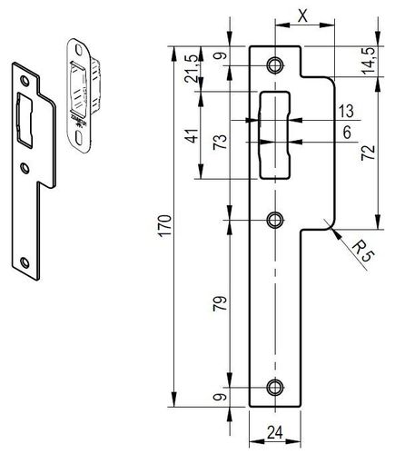SALTO - Schließblech für LE7Sx Einsteckschloss mit gerader Lasche, für Standardtüren